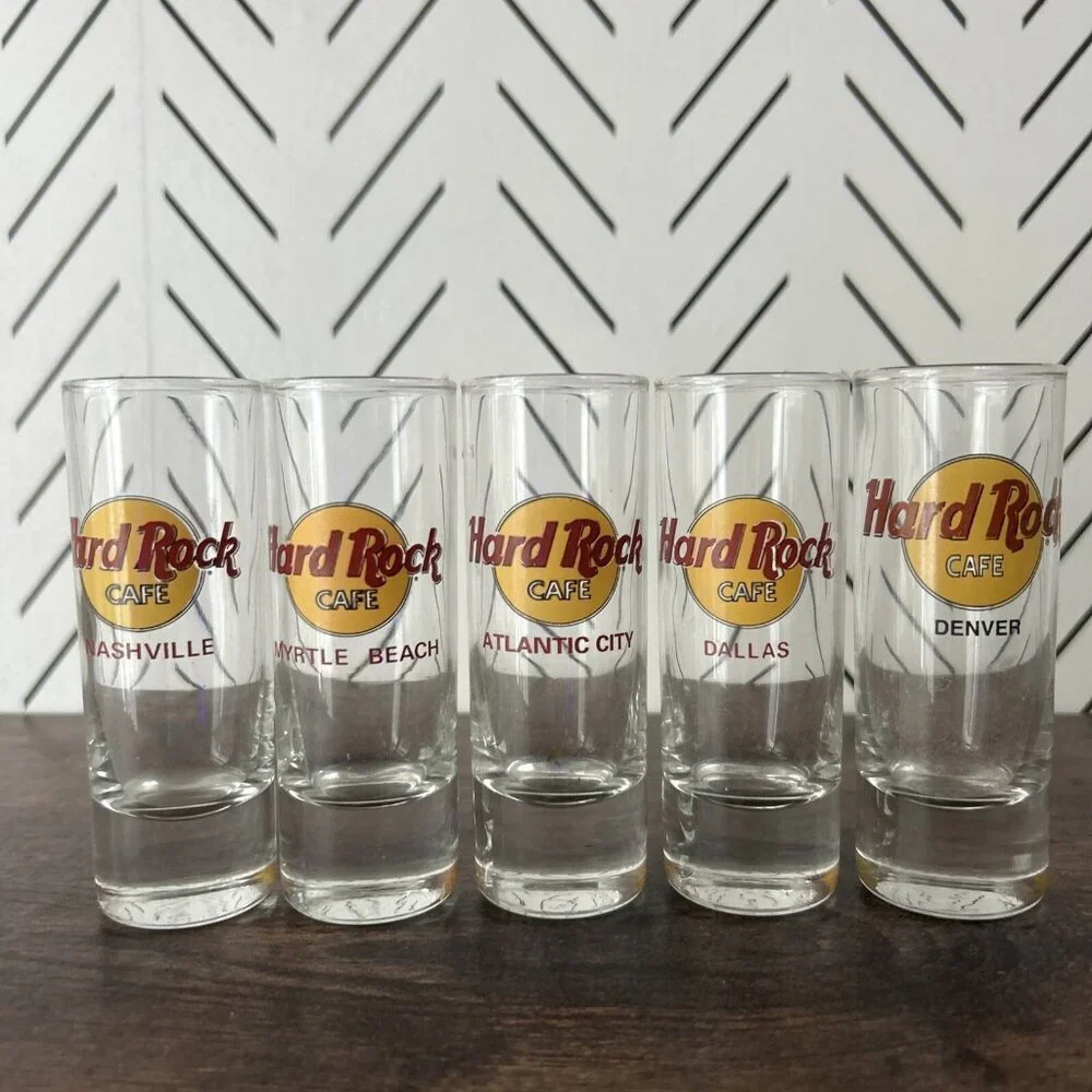 Lot of 5 Hard Rock 4” Double Shot Glasses Various Cities Nashville Atlantic City